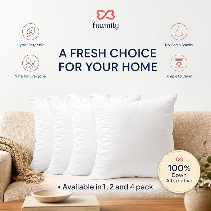 Foamily 12x20 Lumbar Pillow Inserts, White Pillows for Couch & Bed, 4 Pack | Soft down-alternative fill, hypoallergenic, holds its shape. Fits 12x20 lumbar covers. Couch, bed, accent chairs.