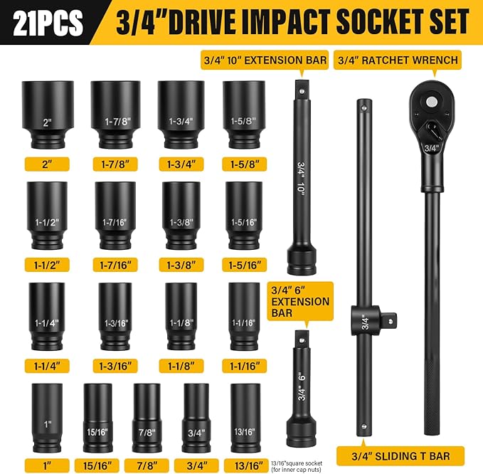 3/4" Drive Impact Socket Set,21-Piece SAE (3/4 to 2 Inch) Sizes with Ratchet handle (24 tooth) Sliding T-head Breaker Bar,Drive Extensions,6-Point,Cr-Mo Alloy Steel,Heavy Duty Storage Case