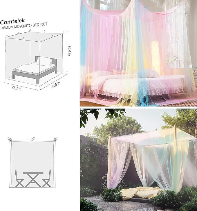 Comtelek Curtains Bed Canopy Rainbow Mosquito Net for Bed Canopy Four Corner Post Elegant Mosquito Net Set, Stick Hook &Profession Rope for net, Screen Netting Canopy Curtains, Full/Queen/King