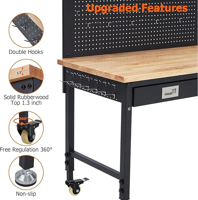 Workbench 48 x 24 Adjustable Height Worktable, Heavy Duty Rubber Wood Top, 2000 LBS Load Capacity, Tool Storage Workstation with Drawer, Pegboard, Power Outlets & Lockable Wheels, with Drawer Back
