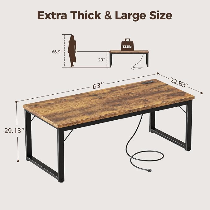Mericonia 63 Inch Computer Desk with Power Outlets, 1.2" Thick Office Table | Modern Simple Style, Heavy Duty Industrial Frame, Large Study & Writing Table for Home Bedroom Work, Brown