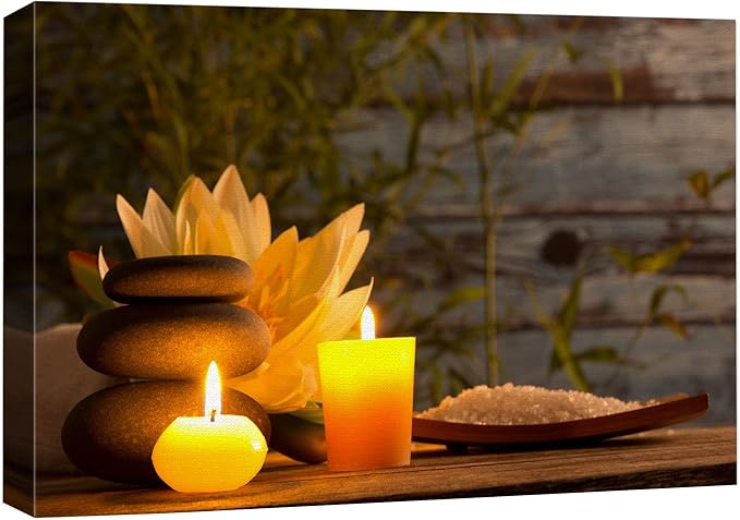 wall26 Canvas Print Wall Art Wood Panel Meditation Spax Candle Massage Stones Nature Wilderness Photography Realism Rustic Landscape Colorful Multicolor for Living Room, Bedroom, Bathroom - 32"x48"