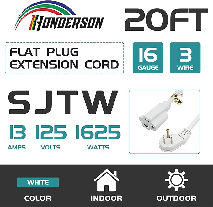 Flat Plug Indoor Extension Cord, UL Certified, 16 Gauge 20FT White 3 Prong Heavy Duty, 16/3 SJTW 13A Power Cord for Lights, Appliances, Home