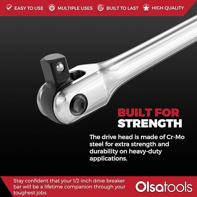 Olsa Tools Breaker Bar - 1/2-Inch Drive - 25" Length with 180° Flex Head - Spring-Loaded Ball - Heavy-Duty Cr-V Steel - Ideal for Automotive, Nuts, and Bolts - Part: 1276