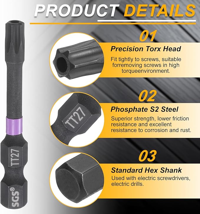 HARFINGTON TT27 Torx Head Impact Screwdriver Bits 1/4" Hex Shank 2" (50mm) Long Magnetic Tamper Proof 6 Point Star Screw Driver Drill Bits Phosphate S2 Steel Power Tools with Hole