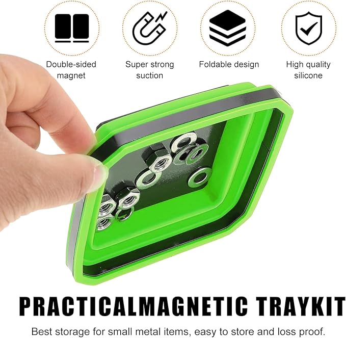 2 PCS Collapsible Magnetic Parts Tray, 4.5 Inch Foldable Magnetic Square Silicone Tray, Tool Tray Set with Double-Sided Magnetic Base for Screw Bolts Nuts Pins, Car Accessories (Green+Red)
