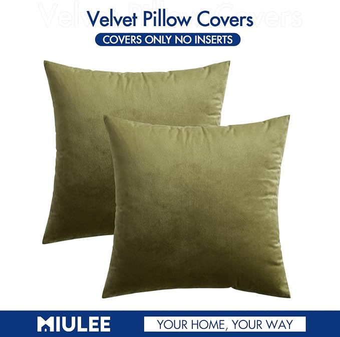 MIULEE Velvet Throw Pillow Covers 20x20 Inch Pack of 2 Light Olive Green | Soft Solid Decorative Pillow Covers, Modern Luxury Home Decor, for Couch Chair Sofa Bedroom Livingroom
