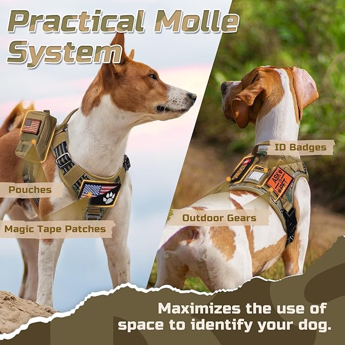 rabbitgoo Tactical Dog Harness Medium Sized Dog, No Pull Military Service Vest with Handle & Molle, Easy Control for Training Walking, Adjustable Reflective Straps, Brown camo, M