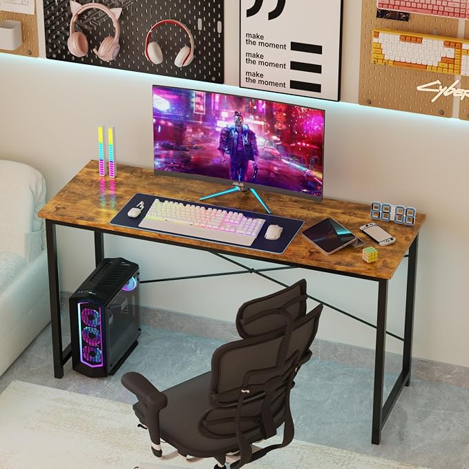 Sweetcrispy 40-Inch Small Computer Desk for Bedroom, Brown | Gaming Writing Work and Study Desk for Home Office, Sturdy Metal Frame and Compact Modern Design with X-Shaped