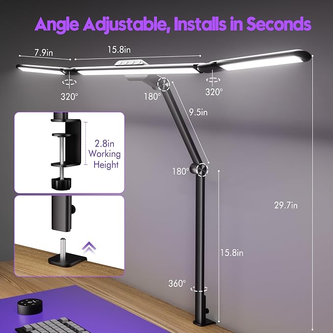 Quntis 32.5" Architect Desk Lamps for Office Home Dorm - Eye Care 3 Light Bar 1100LM Bright, Ambient Backlight, Radar Sensor, Remote Control, 2H Timer, Workbench Drafting Reading Video Conference Task