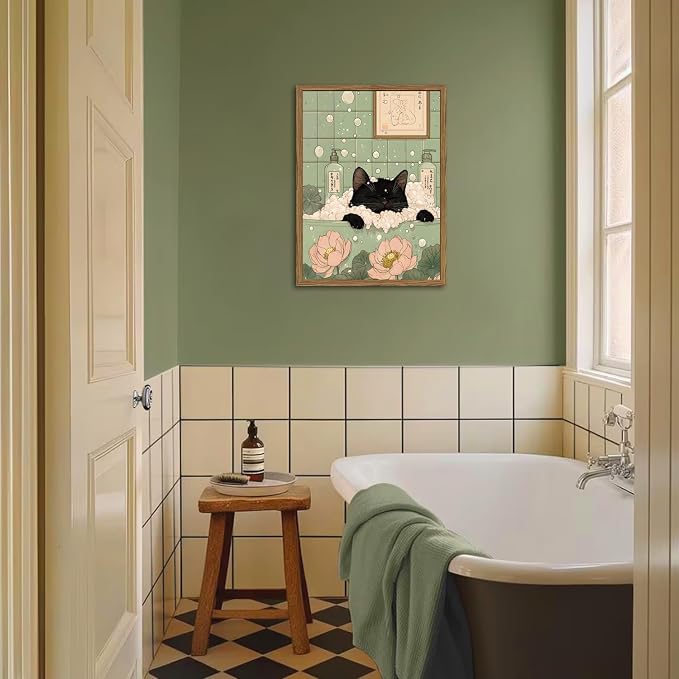 Funny Japanese Black Cat Bathroom Wall Art, Cute Black Cat in Bathtub Wall Decor Picture, Whimsical Japan Animal Bathroom Poster Canvas Prints Painting Artwork 12x16 inch Framed
