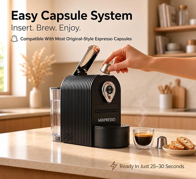 Mixpresso Espresso Machine, Compatible with Nespresso OriginalLine Capsules | 1400W single serve coffee maker with one-touch operation, 19-bar Italian pump and 27oz water tank, black