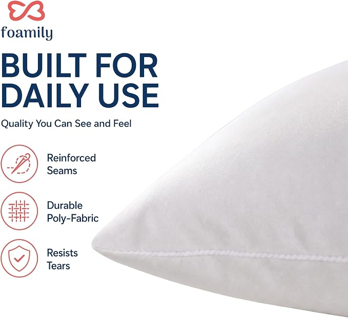 Foamily 16x16 Throw Pillow Inserts, Set of 4, 100% Cotton Cover, White | Cotton cover, plush down-alternative fill, machine washable Fits 16x16 covers Couch, sofa, bed, nursery décor