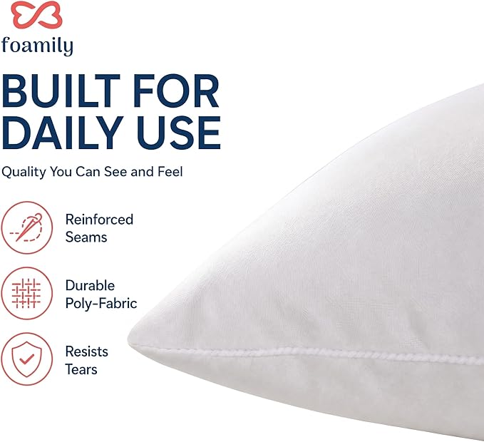 Foamily 22x22 Throw Pillow Inserts, Set of 2, 100% Cotton Cover, White | Cotton cover, plush down-alternative fill, machine washable Fits 22x22 covers Couch, sofa, bed, nursery décor