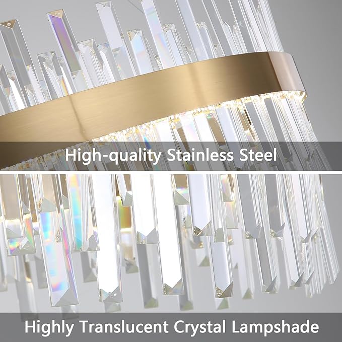 Glam Crystal Chandelier Interior Ring Chandeliers with Remote Dimmable LED Light Adjustable Hanging Lights Luxury Ceiling Pendant Lighting Fixtures for Living Dining Bedroom Foyer Gold Light