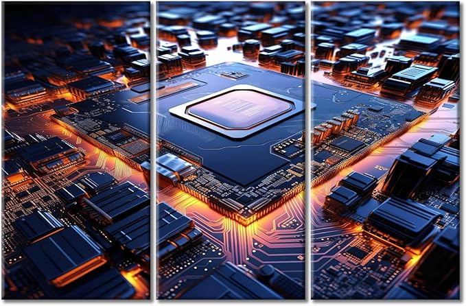 Circuit Board Pictures 3 Panels Wall Decor for Bedroom Canvas Prints 3D Technology Motherboard Posters & Prints Prints for Wall Decor Stretched and Framed Ready to Hang 60"Wx40"H