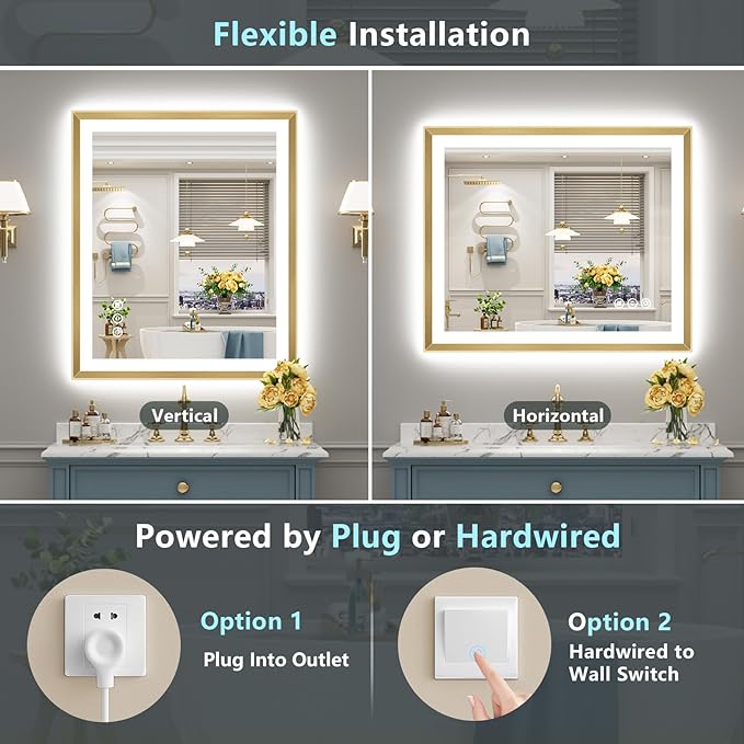 24x36 Gold Beveled LED Bathroom Mirror with Lights, Brushed Gold Framed Backlit and Front Lit Anti-Fog Lighted Vanity Mirrors for Bathroom Wall, Dimmable, 3 Colors, Memory, HD Tempered Glass