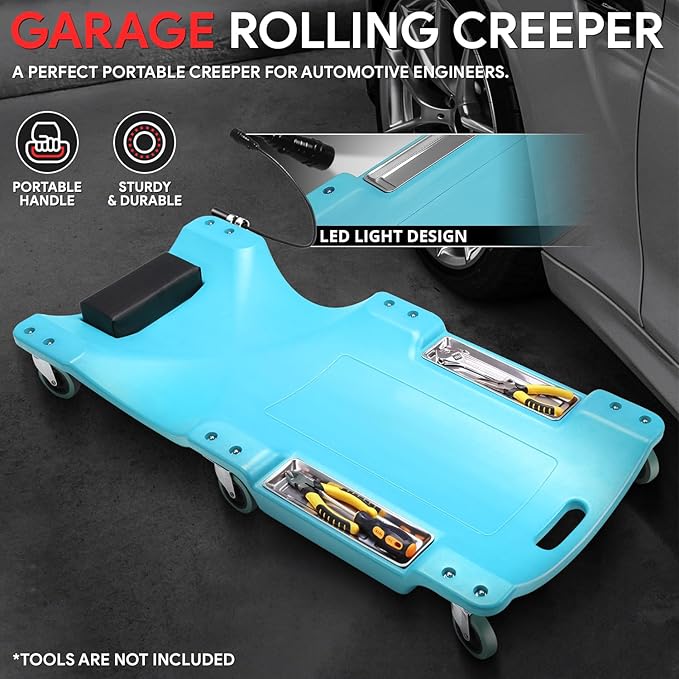 DNA Motoring 40 Inch Low Profile Plastic Rolling Garage Shop Floor Creeper with LED Light, Padded Headrest, Dual Tool Trays, Casters, Tiffany Blue, TOOLS-00389-TB