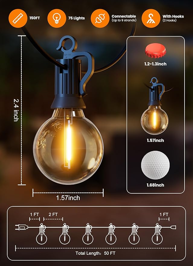 LED Outdoor String Lights, 150FT 75+2 Shatterproof Bulbs Outdoor Patio Lights, IP65 Waterproof Connectable Hanging Outside Light for Backyard, Porch, Deck, Balcony, 2200K