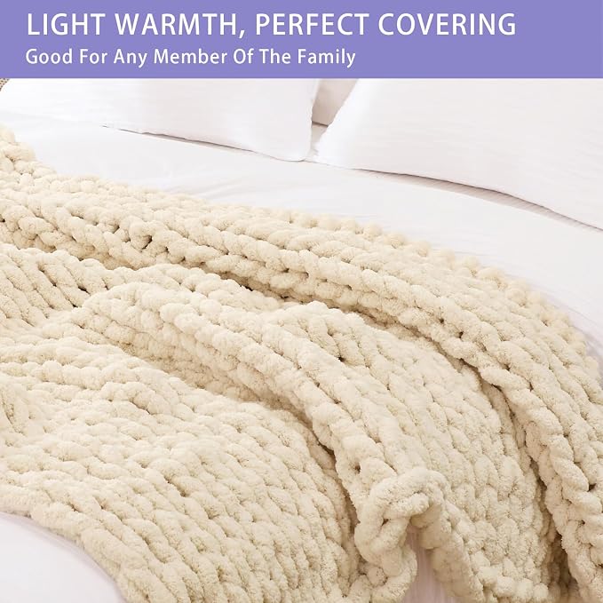 Bigacogo Chunky Knit Throw Blanket for Couch, 80x90 inches, Beige | Hand Knit with Jumbo Chenille, Soft Breathable Cable Knit for Sofa Bed Living Room, Machine Washable, Gift for Mom Friend