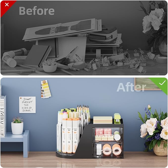 Marbrasse Desk Organizer with 2 Drawer, 360°Rotating Pen Holder, Desk Organizers and Accessories with 6 Slots Pencil Holder + 2 Drawer, Art Supply Storage Box Caddy for Office (Black)