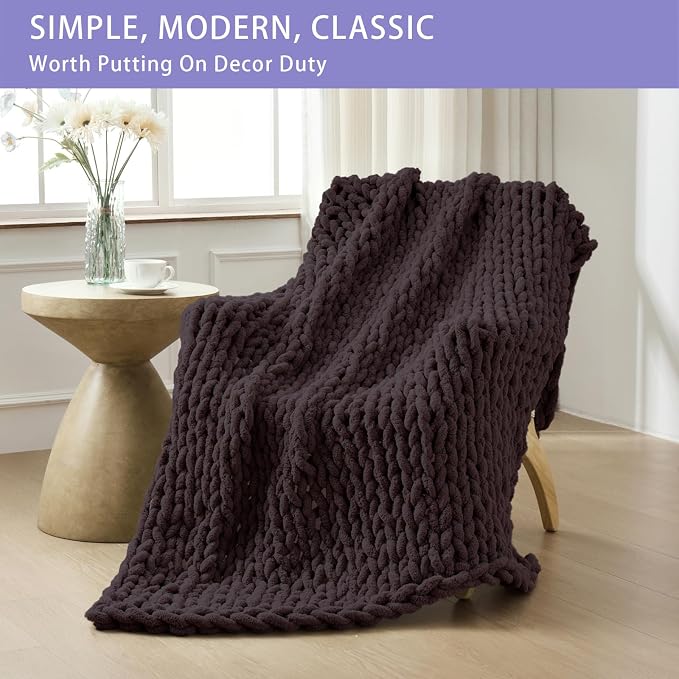 Bigacogo Chunky Knit Throw Blanket for Couch, 40x80 inches, Chocolate | Hand Knit with Jumbo Chenille, Soft Breathable Cable Knit for Sofa Bed Living Room, Machine Washable, Gift for Mom Friend