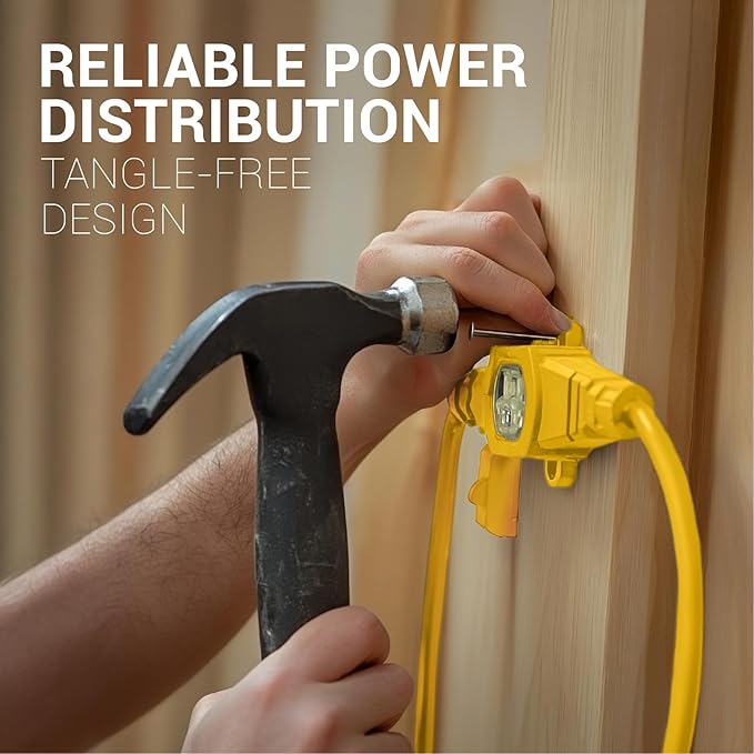 COLSEN Extension Cord with Multiple Outlets – 50 ft Heavy Duty 16 Gauge Power SJTW Cable, 15 Amp 3 Prong 11 NEMA Multi Plug, 14 AWG Male to Female Connector, 5-15R Female Socket, Outdoor/Indoor Yellow