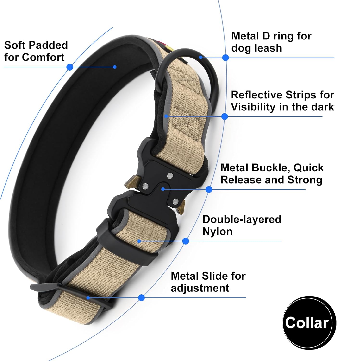 Plutus Pet Tactical Dog Collar, Reflective, Adjustable Heavy Duty Dog Collar, Soft Padded and Comfortable, for Small Medium and Large Dogs (Beige, XS)