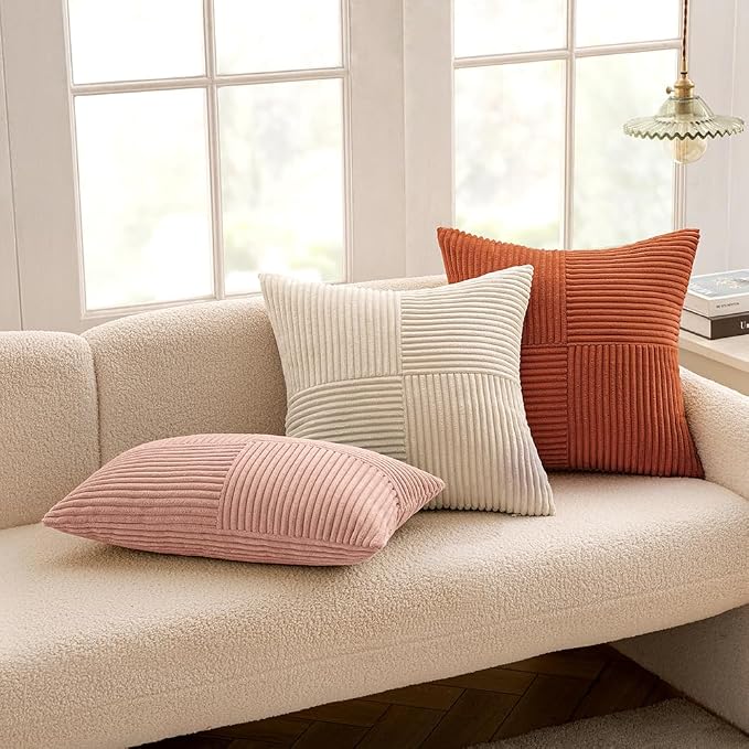 MIULEE Pink Decorative Throw Pillow Covers for Couch 18x18 Inch | 2 Pack, Boho Farmhouse Pillow Covers, Soft Cross Corduroy Patchwork Textured Cushion Cases For Bed Sofa