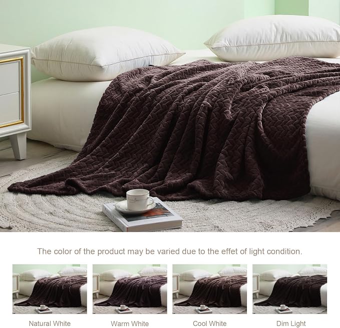 Exclusivo Mezcla Fleece Throw Blanket for Couch Sofa, 50”x70”, Coffee | Oversized Soft Cozy Fluffy Blankets for Summer, Decorative Plush Flannel Throws for Living room, Bedroom with Leaves Pattern