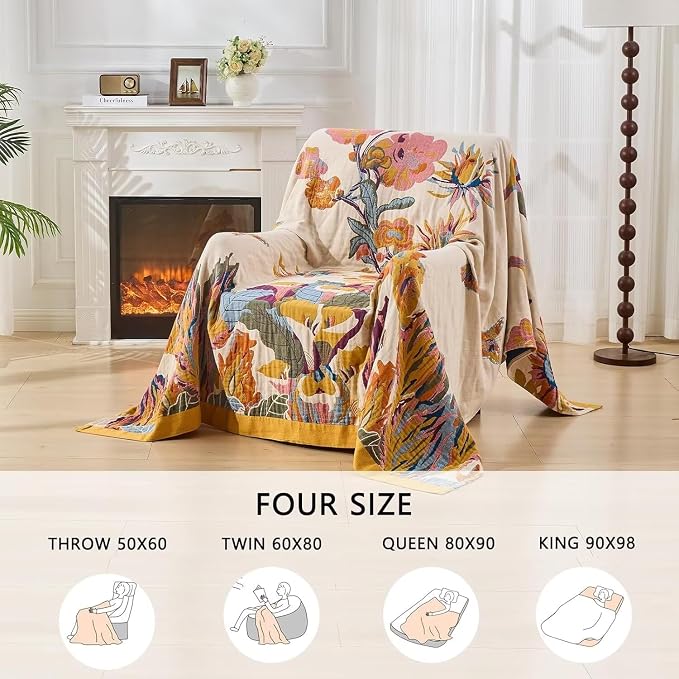 Boho Throw Blanket Farmhouse Decor Throw Blanket Bohemian Blanket for Bed 100% Cotton Muslin Woven Couch Blanket All Seasons Quilt Bedroom (D-Yellow, 90"x98")