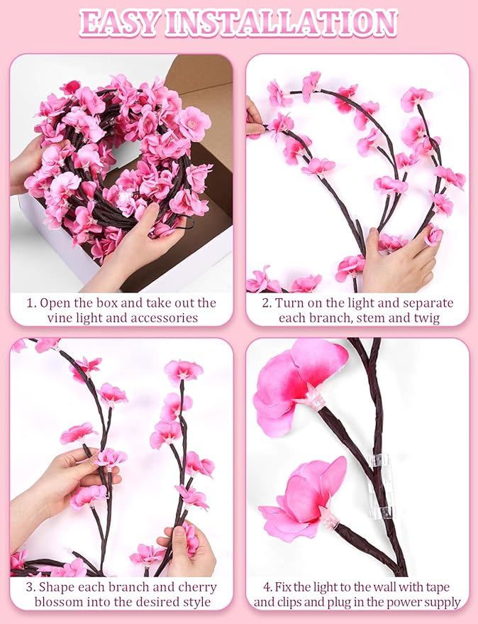 5.91 FT 96 LED Cherry Blossom Lights for Room Wall Decoration,Cherry Blossom Decor,2026 New Dimmable Light-Up Pink Bedroom Decor with Remote Timer,8 Lighting Modes