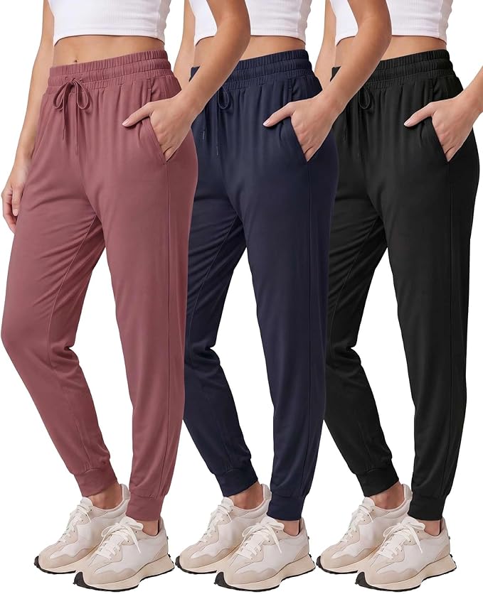 3 Pack Women's Lounge Joggers Sweatpant Active Athletic Yoga Workout Pocket | Available in Plus Size, Ladies Casual, Drawstring Gym Pants, Sleep Bottoms, Hiking, Running, Fitness, Exercise, Pajama, Soft