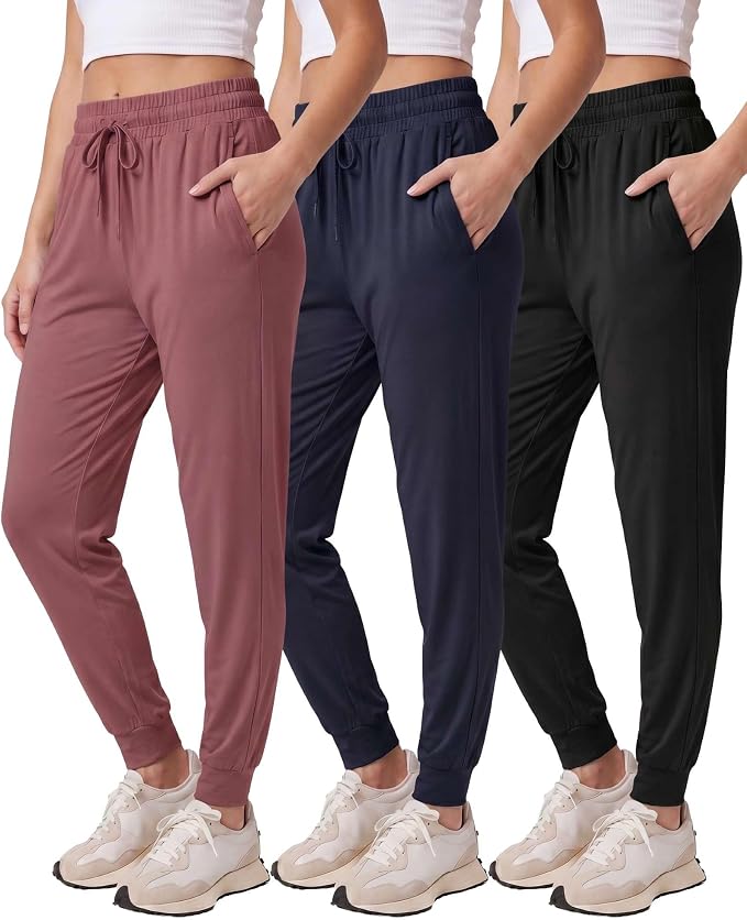 3 Pack Women's Lounge Joggers Sweatpant Active Athletic Yoga Workout Pocket | Available in Plus Size, Ladies Casual, Drawstring Gym Pants, Sleep Bottoms, Hiking, Running, Fitness, Exercise, Pajama, Soft