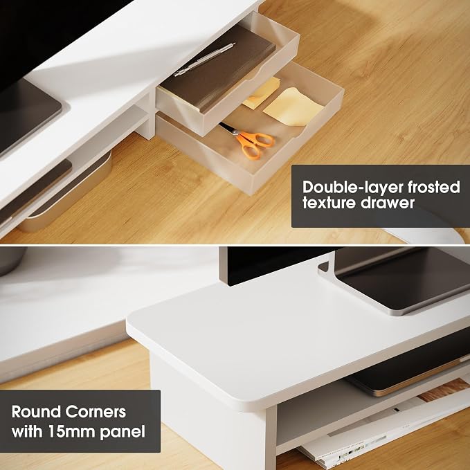 Fenge Monitor Stand, Dual Monitor Riser, 42.5inch Large Desk Computer Monitor Stand Riser with Drawer, 2 Tier Wood & Acrylic Desktop Organizer for Computer, Laptop, Printer, TV Screen Riser