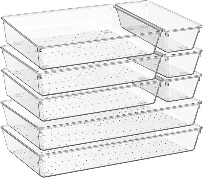 Criusia 8 Pack Drawer Organizer for Kitchen Gadgets, Large Clear Plastic Drawer Divider for Kitchen Accessories, Bathroom Organizers and Storage, Home Essentials for Makeup and Vanity Accessories