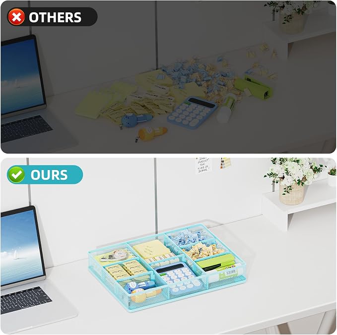 Marbrasse Desk Drawer Organizer, Metal Mesh Drawer Organizer Tray with 5 Adjustable Compartments,Desk Organizers and Accessories for Home,Office,Kitchen,Makeup,Vanity (Blue)