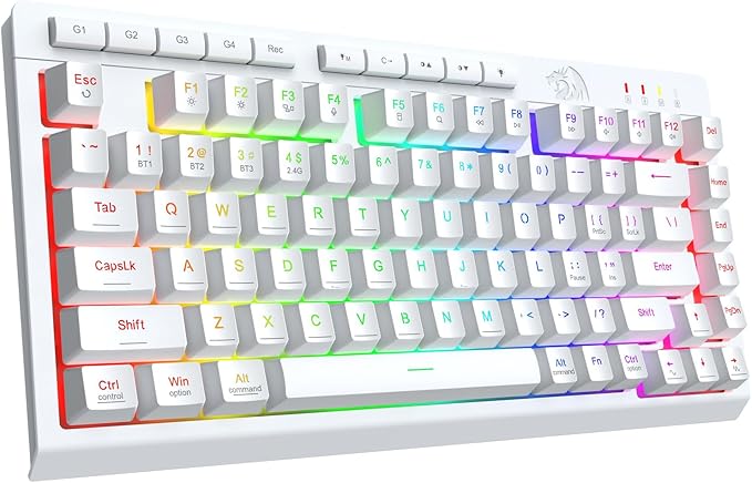 Redragon Wireless Gaming Keyboard, Portable 75% Compact,RGB Backlit, White | Bluetooth/2.4GHz/USB-C Wired, Mini Quiet Macro Membrane Keyboard, Rechargeable 4000mAh Battery, Anti-Ghosting for Win/MAC