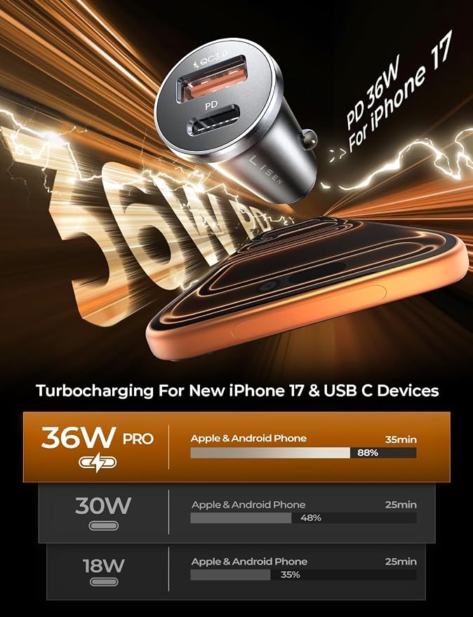 LISEN 69W Mini Cigarette Lighter Adapter Car Charger USB C Fast Charging | 12V Cigarette Lighter USB Car Charger Fast Charging Adapter, for iPhone 17 Pro Max 16 15 14 13 12 Plus Mini, Samsung S26 S25