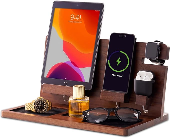 Wooden Nightstand Organizer - Nightstand organizer for men - Phone Key Stand - Mens nightstand organizer with hidden wire grooves - Nightstand Docking Station with felt lining
