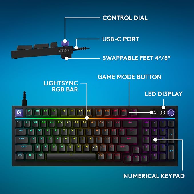 Logitech G316 X 98 Mechanical Gaming Keyboard (Tactile) - Black | Hot-Swappable Tactile Mechanical Switches, Gasket Design, PBT Keycaps, <8Khz, LIGHTSYNC RGB, Dot-Matxix LED Display, USB-C