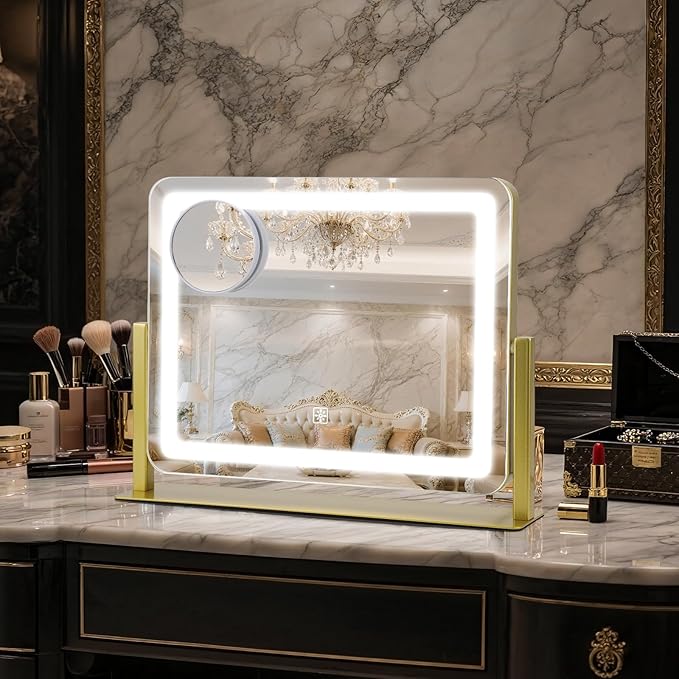 Rechargeable Vanity Mirror with Lights, 3000mAH Battery, 16"×12.4" LED Makeup Mirror, 10X Magnification, Smart Touch with 3-Color Lighting, 360° Rotation, Lighted Up for Makeup Desk, Bedroom (Gold)
