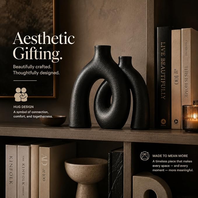 Jas & Jax Matte Black Ceramic Hug Donut Vase Set – Nordic Boho Home Decor, Pampas Grass & Dried Flowers Centerpiece for Living Room, Console Table, Bookshelf or Mantel