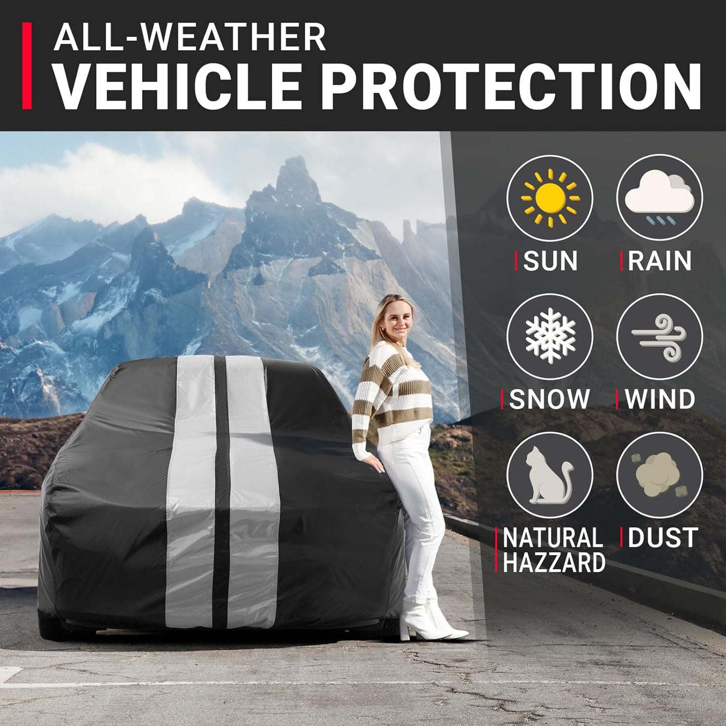 iCarCover Custom Car Cover for Chevy Nova Wagon (1962-1967) Waterproof All Weather Rain Snow UV Sun Protector Full Exterior Indoor Outdoor Car Cover (Stripe - Black/Gray)