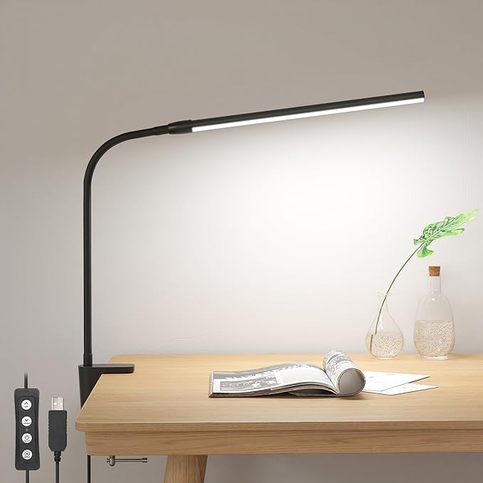 Lepro Clip on Desk Lamp, LED Reading Light with Clamp, 460LM 5W, Black | 3 Color Modes 10 Brightness, Dimmable, USB Small Desk Light with Gooseneck Swing Arm for Nail, Home Office and Dorm