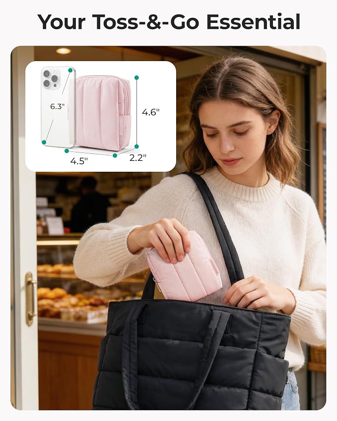 BAGSMART Small Makeup Bag for Women with Slip-in Pocket, Black | For Purse, Toiletry Pouch, Puffy Padded Mini Cosmetics Bag, Travel Essentials, Cute Make Up Pouch with Slip-in Pocket