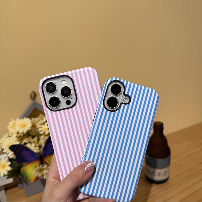 for iPhone 16 Pro Max Case Striped Cute Aesthetics Phone Case Trendy Protective Shockproof Cover for iPhone 16 Pro Max Pink White