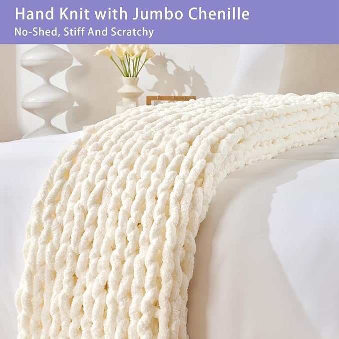 Bigacogo Chunky Knit Throw Blanket for Couch, 40x40 inches, Ivory | Hand Knit with Jumbo Chenille, Soft Breathable Cable Knit for Sofa Bed Living Room, Machine Washable, Gift for Mom Friend