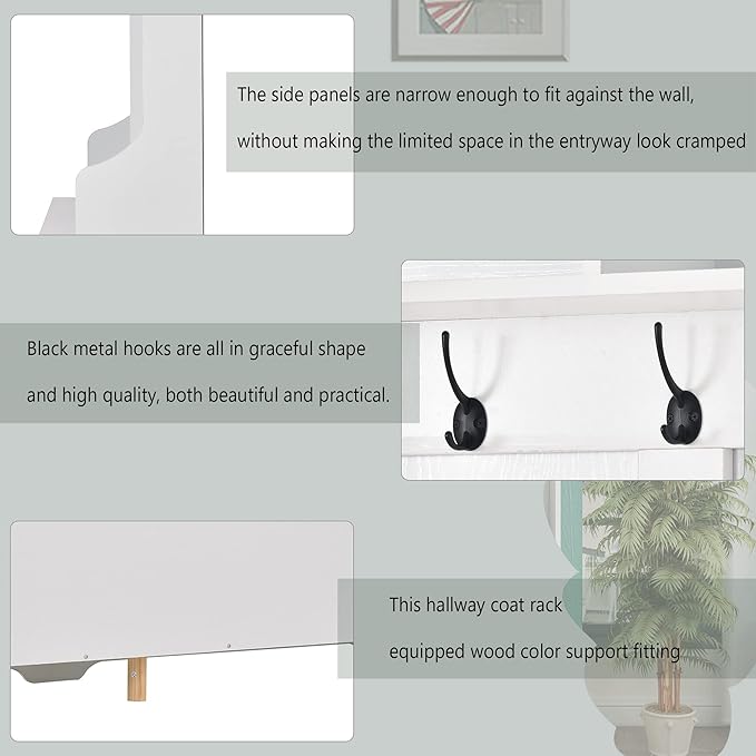 Modern Style Multiple Functions Hallway Coat Rack with Metal Black Hooks, Entryway Bench 60" Wide Hall Tree with Ample Storage Space and 24 Shoe Cubbies (White)