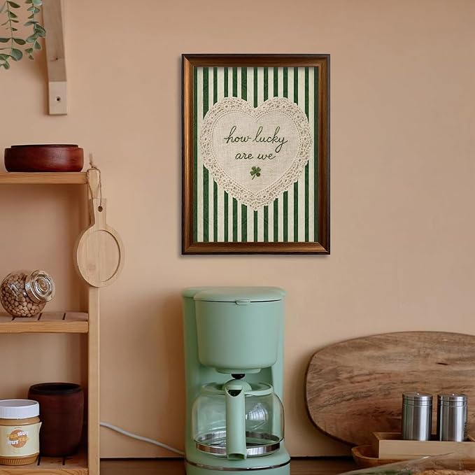 Framed How Lucky Are We Wall Art Vintage Inspirational Quotes Decor Print | Green Striped Lace Heart Aesthetic Painting Poster Trendy Preppy Canvas Picture for Bedroom Collage Ready to Hang 16inx24in